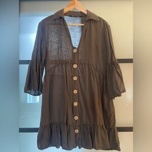 Zara Army Green Linen 3/4 Sleeve Dress